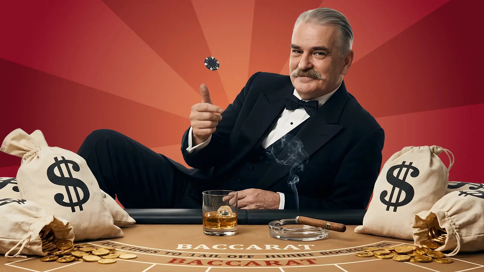 A grey-haired gentleman leans back at a baccarat table, flipping a black betting chip with a whisky on the rocks resting on the table. Bags of money surround him, showing that he’s a baccarat high roller and among the best baccarat players.