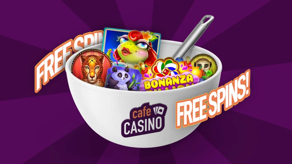 A bowl filled with slot game symbols flanked by the text ‘Free Spins’ set against a purple background.