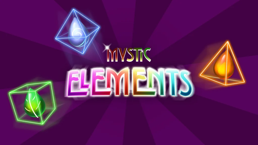 The Cafe Casino slot game logo from Mystic Elements in the colors of the rainbow, surrounded by three neon element symbols.