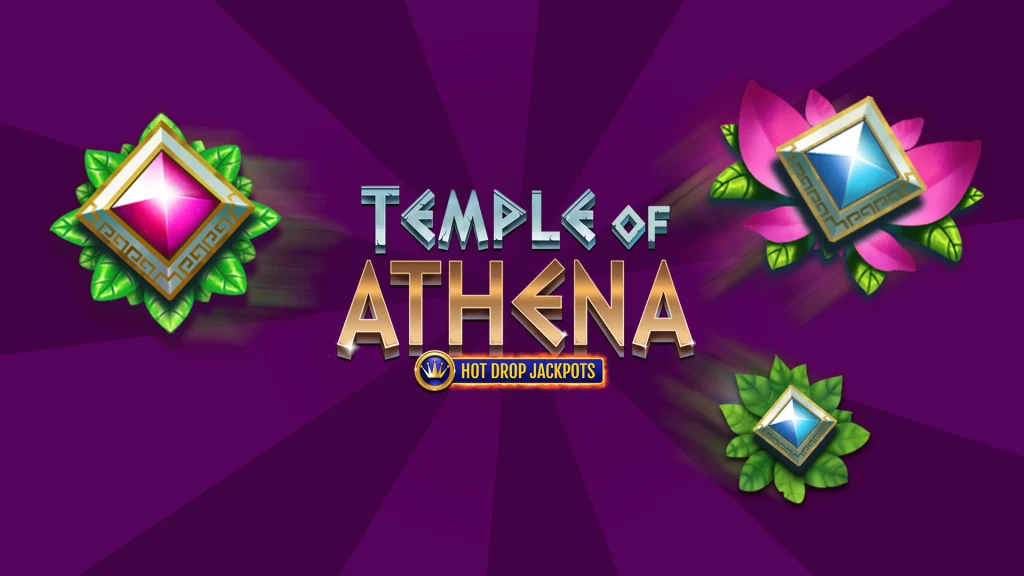 The Cafe Casino slot game, Temple of Athena Hot Drop Jackpots, logo is pictured alongside the symbols from the game.