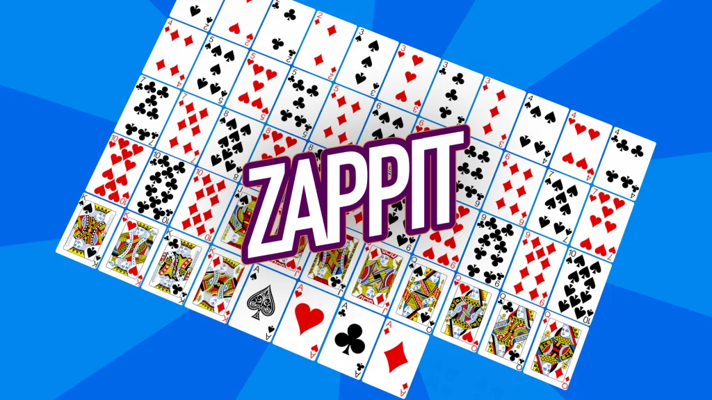 The word Zappit in block purple and white letters, overlaid on top of all 52 face-up playing cards, which form a rectangle shape when laid out, on a blue background.