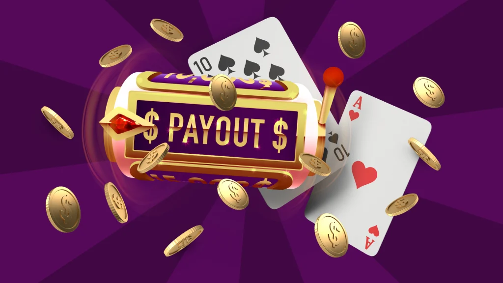 A slot with the word ‘Payout’ next to two poker cards with falling coins against a purple background.