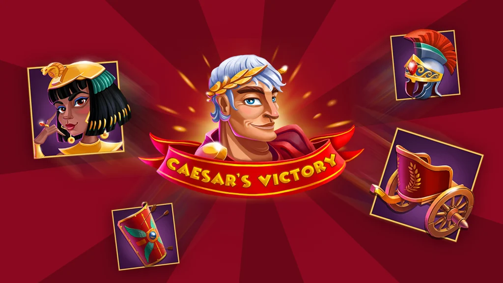 The Caesar's Victory logo with a cartoon version of Caesar above; surrounding him are slots symbols including one of Cleopatra.