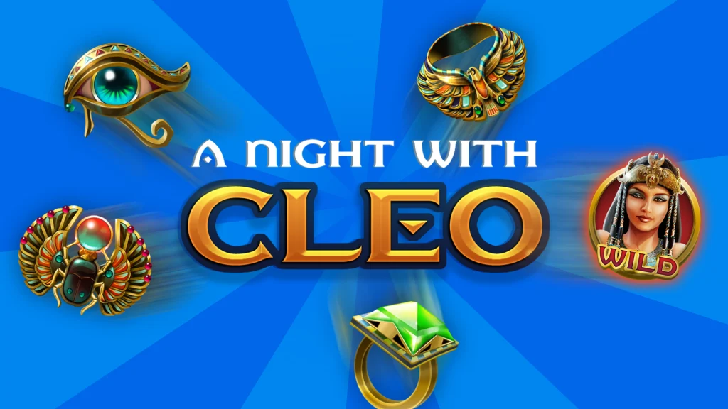 The Cafe Casino logo for A Night with Cleo, where the word Cleo is bold and gold; slots symbols are adjacent, including one featuring Cleo herself.