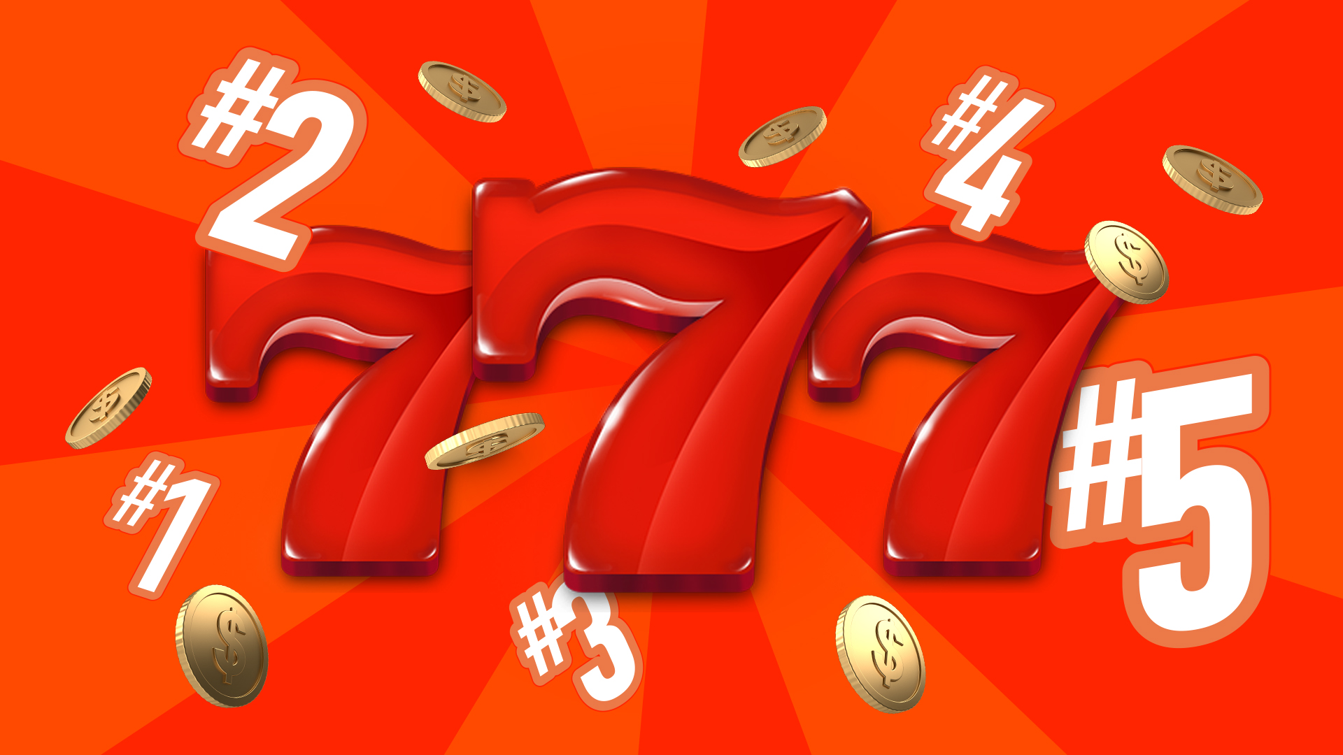 Three large red 7s with numbers and coins surrounding it, on a fiery red background.