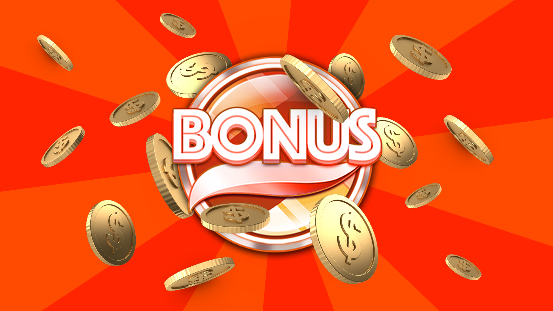 A symbol that says BONUS in block letters, with gold coins floating around it, on an orange background.