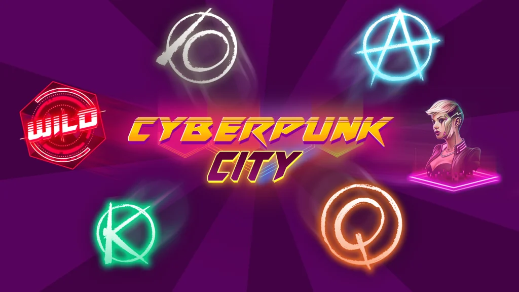 Cafe Casino’s Cyberpunk City logo in yellow with a pink glow, with slots symbols, including a cyberpunk character, surrounding it.