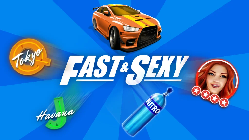 The logo for Fast & Sexy slot game on a blue background, with a car, a red-haired game character, and other slots symbols surrounding it.