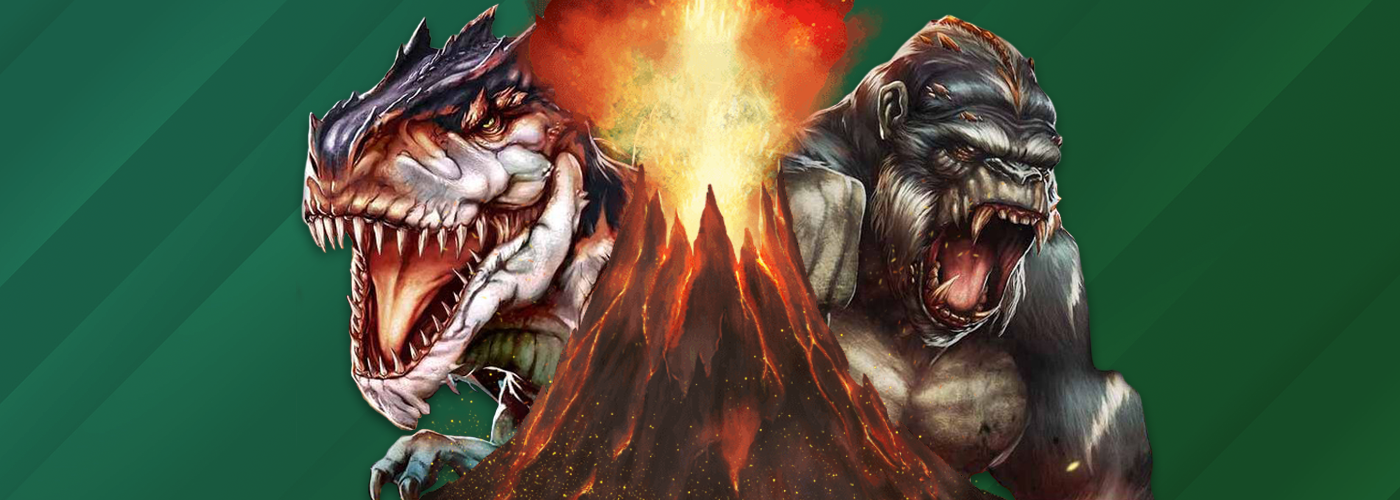 T-Rex, Godzilla and some other monsters collide in Genesis Island slot at Cafe Casino.