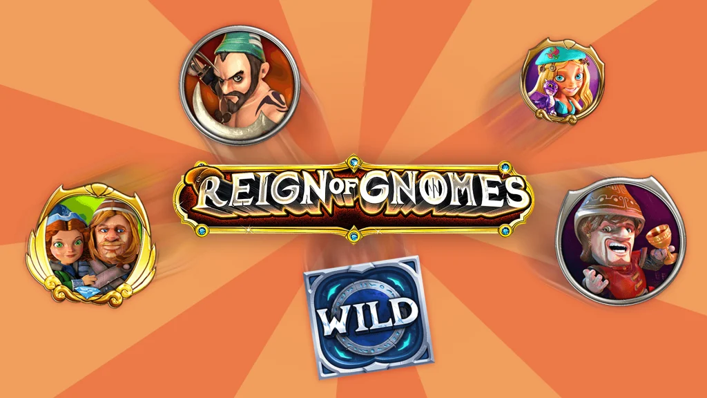 The logo for the Reign of Gnomes game at Cafe Casino with slots symbols of fantasy, cartoon characters surrounding it.