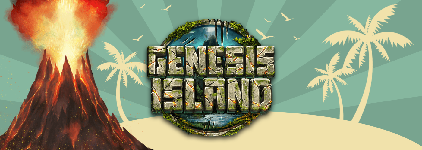 Genesis Island logo in front of a volcano erupting.