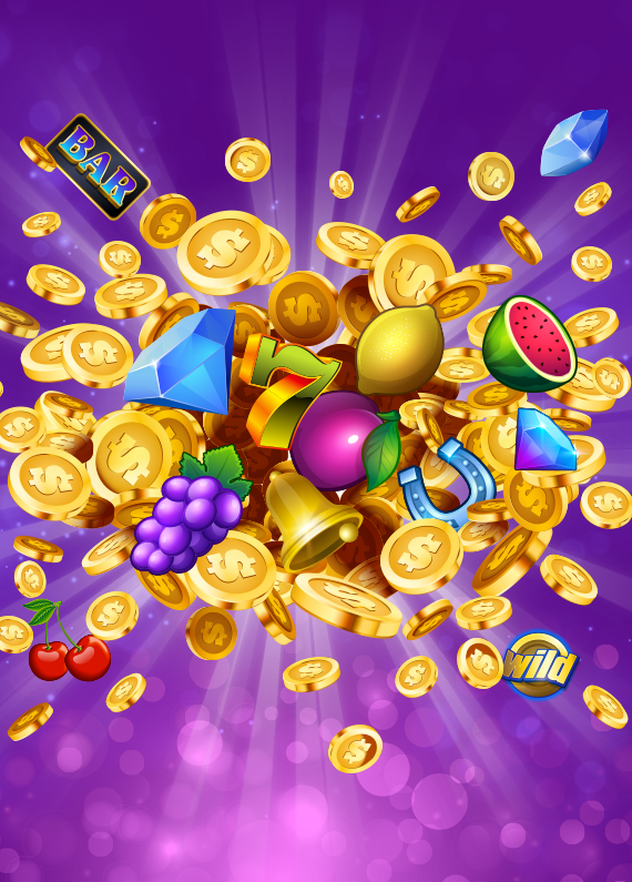 A pile of coins explodes around online slots symbols