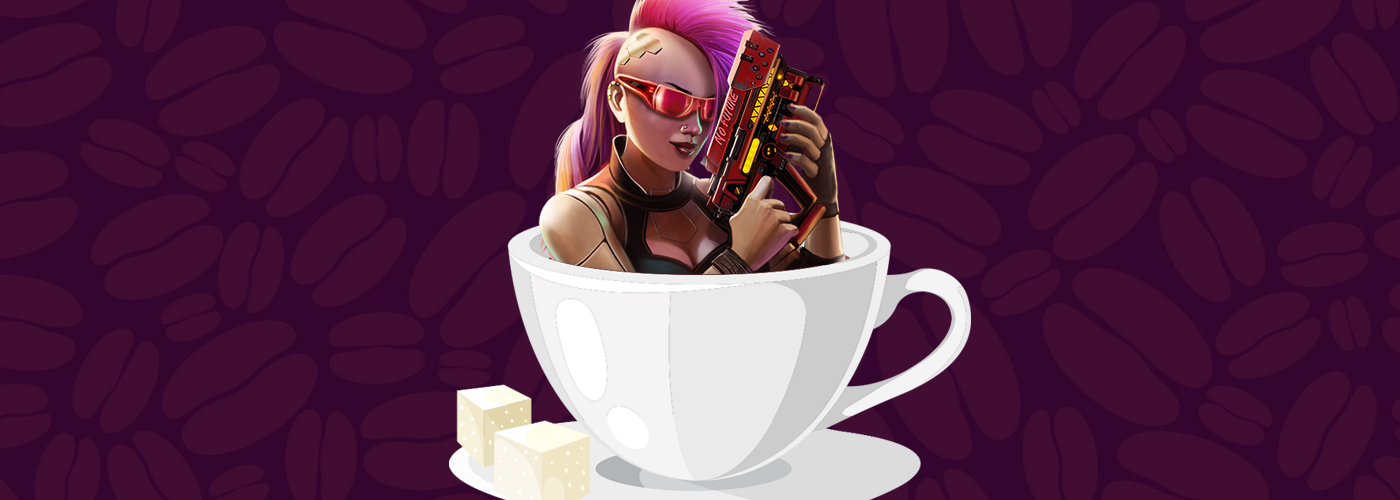 The Cyberpunk City mohawk character sitting in a coffee cup with two sugar cubes in the serving dish next to them