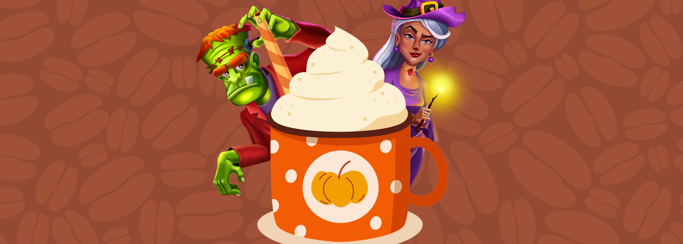 Frankenstein and Witch from Cafe Casino’s Monster Manor are popping out of a pumpkin spice latte mug, just behind the whipped cream