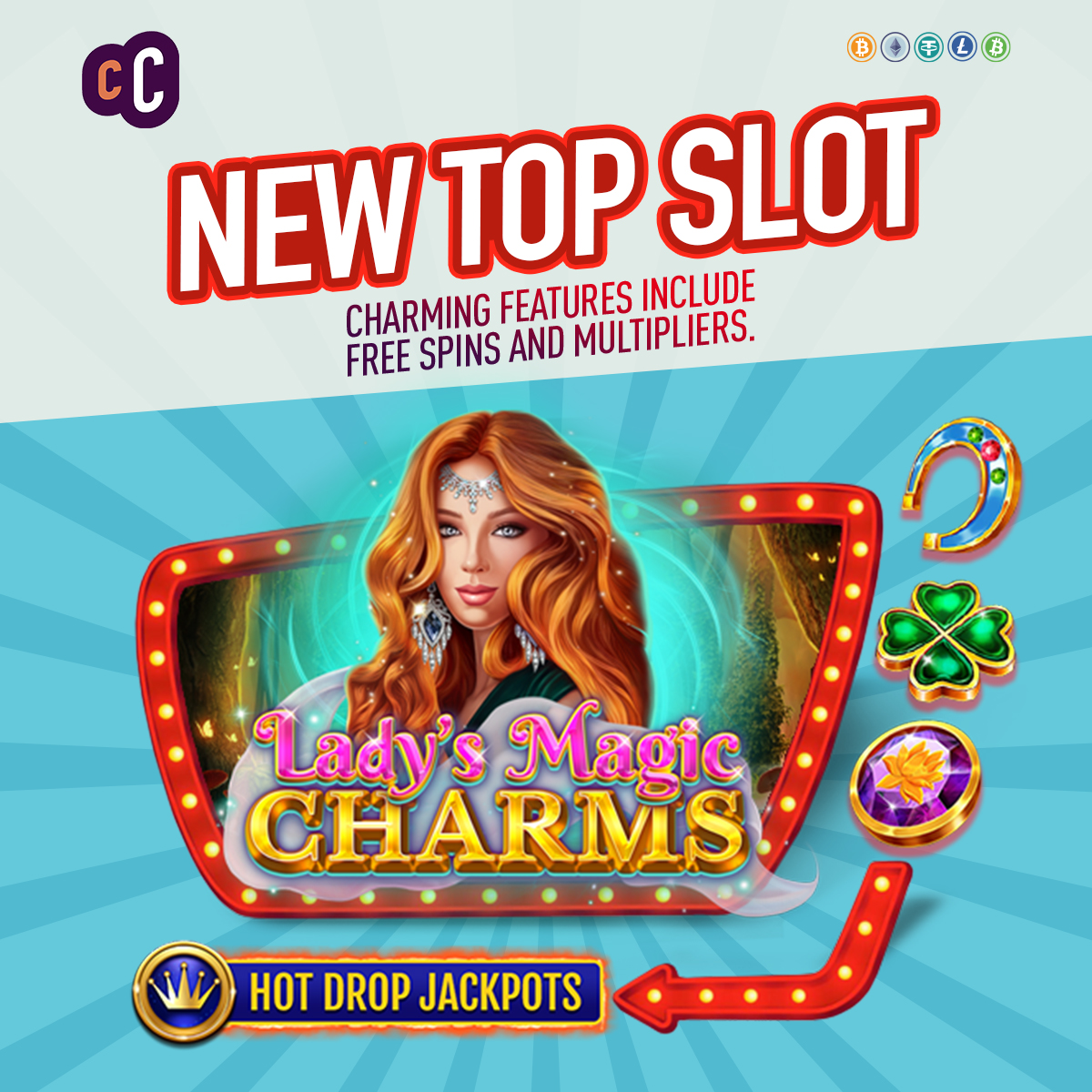 Cafe Casino's new top slot - Lady's Magic Charms - which features the main character with red hair standing behind the log oand beside online slots symbols like horseshoes and four-leaf clovers
