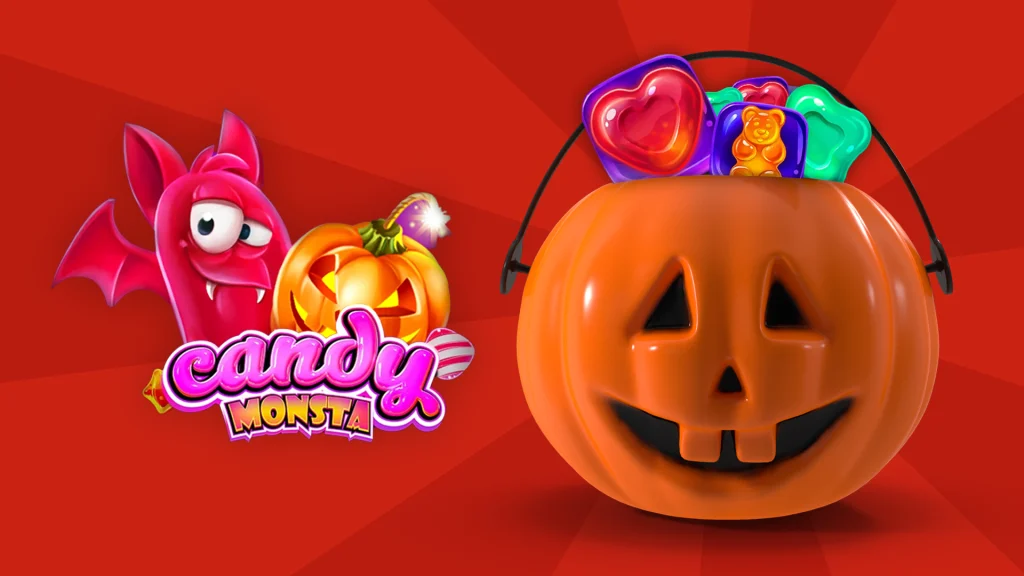A plastic Jack-o’-lantern and the Cafe Casino ‘Candy Monsta’ game logo set against a red background.