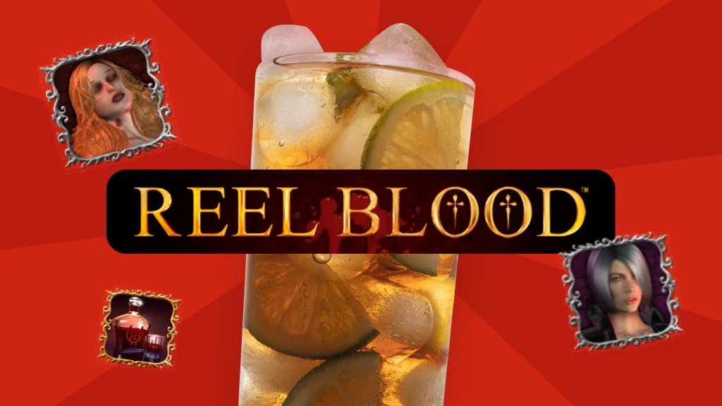 A tall cocktail set behind the Cafe Casino slots game logo for ‘Reel Blood’ surrounded by game icons, set against a red background.