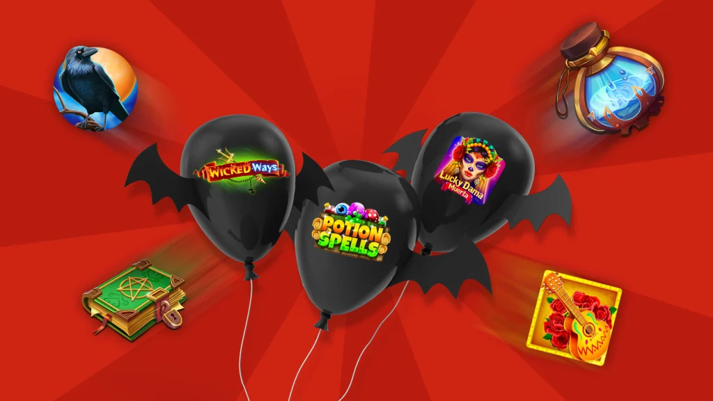 Black balloons with bat wings and logos from Cafe Casino Halloween slots, set against a red background.