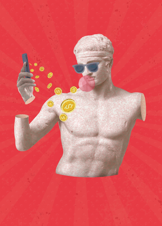 A statue holding a mobile phone raining golden coins out of it