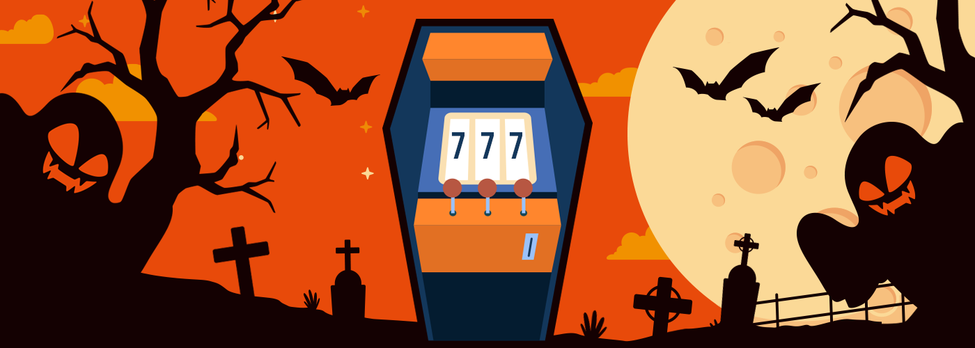 An orange and black graveyard with a slot machine standing in the center, shaped like a coffin.