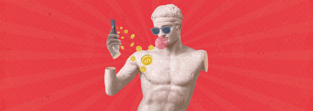 A marble statute holding a mobile phone with golden coins from a slot game win flowing from it