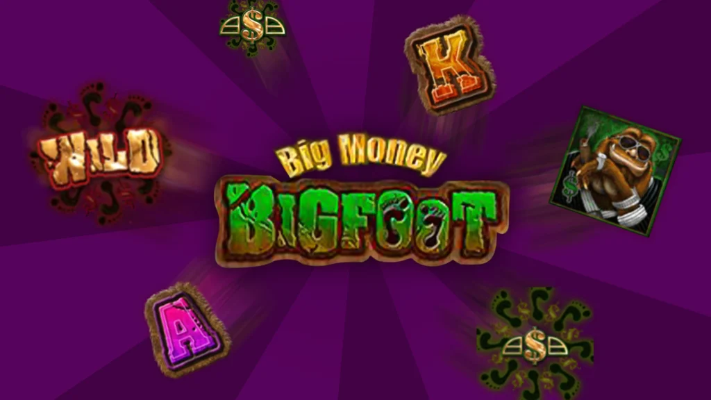 The slot game logo for the Cafe Casino online slot, Big Money Bigfoot, with symbols from the game floating around it, on a purple background.
