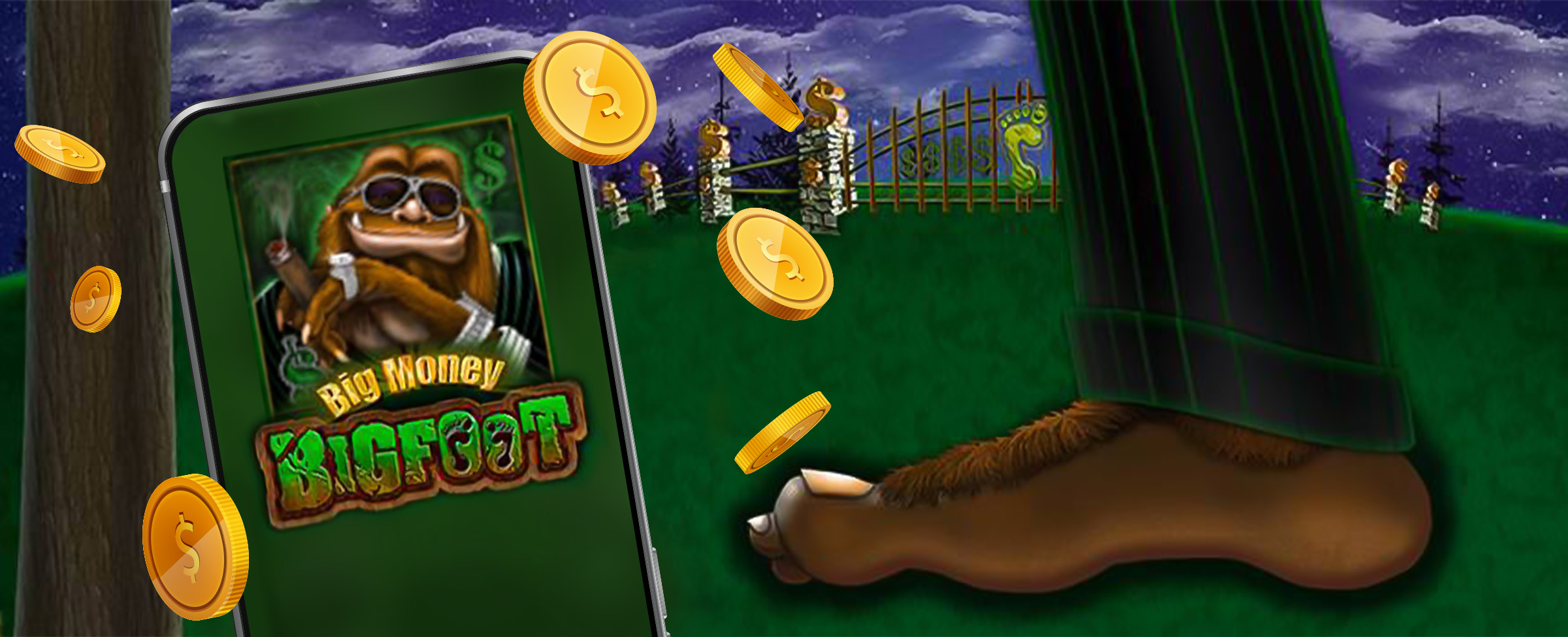 Scene of a grassed area at night with a bigfoot’s right foot standing off to the center, next to a mobile phone showing the Cafe Casino Big Money Bigfoot slot game with gold coins spouting outward