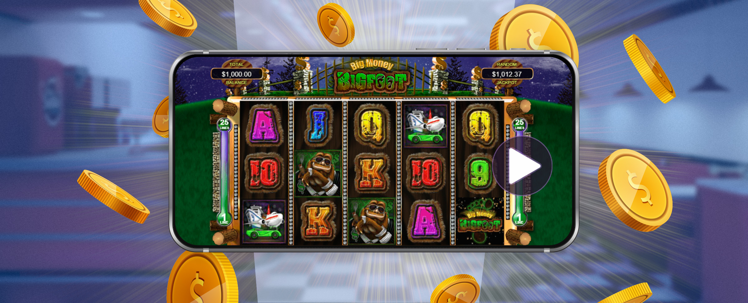 A mobile phone shows Cafe Casino’s Big Money Bigfoot slot game in action, featuring its reels and symbols, surrounded by gold coins