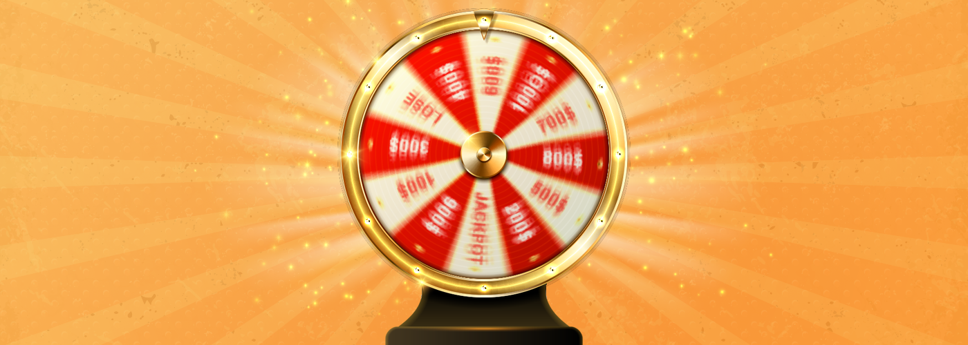 A golden wheel of fortune spins through winning prizes including jackpots