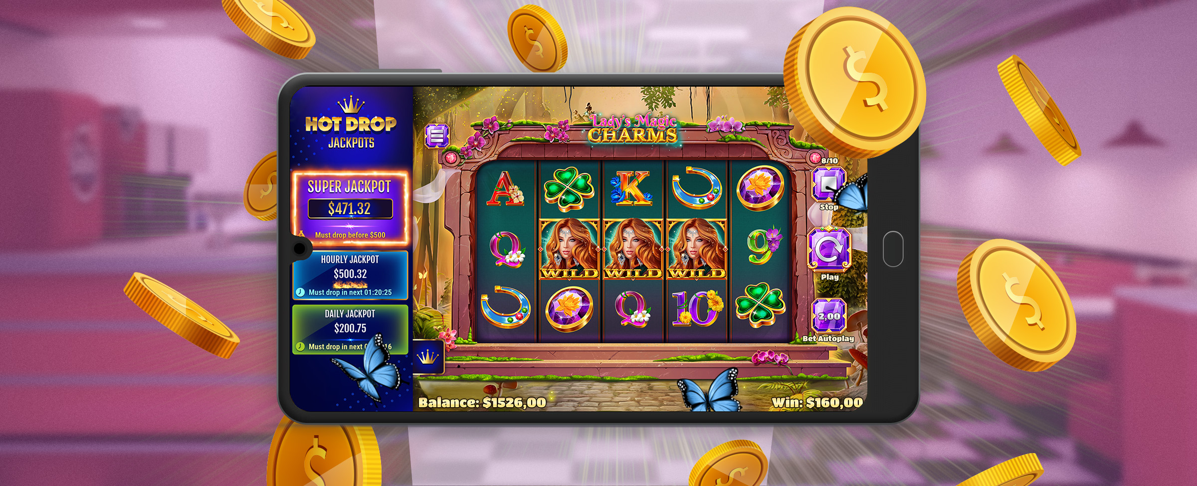 A mobile phone showing a screenshot of the Cafe Casino Lady’s Lucky Charms slot game with gold coins orbiting the phone, against an out of focus 50s diner.