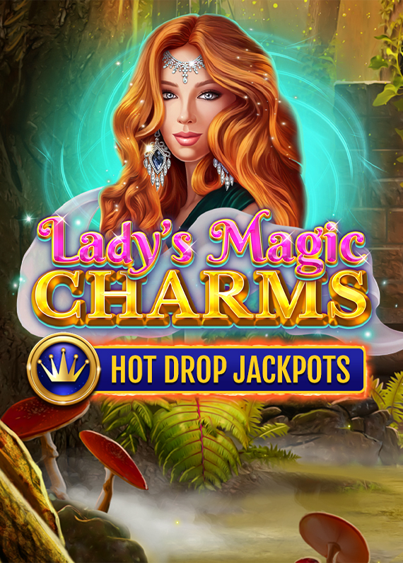 An enchanted forest illustration in the background with the Cafe Casino Lady’s Lucky Charms slot game logo in the foreground, featuring a young woman with flowing red hair, large tassel earrings and a forehead chain, with the Hot Drop Jackpots logo overlaid.