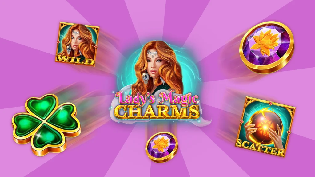 The Cafe Casino slot game Lady’s Magic Charms logo overlaid, featuring a young woman with flowing red hair, a forehead chain and earrings, sounded by a green aura with the words Lady’s Magic Charms, with slots symbols hovering around it.