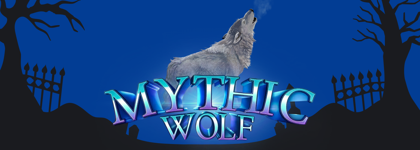 Cafe Casino’s Mythic Wolf logo featuring cartoon wolf, set on deep blue background and the outline of a graveyard.