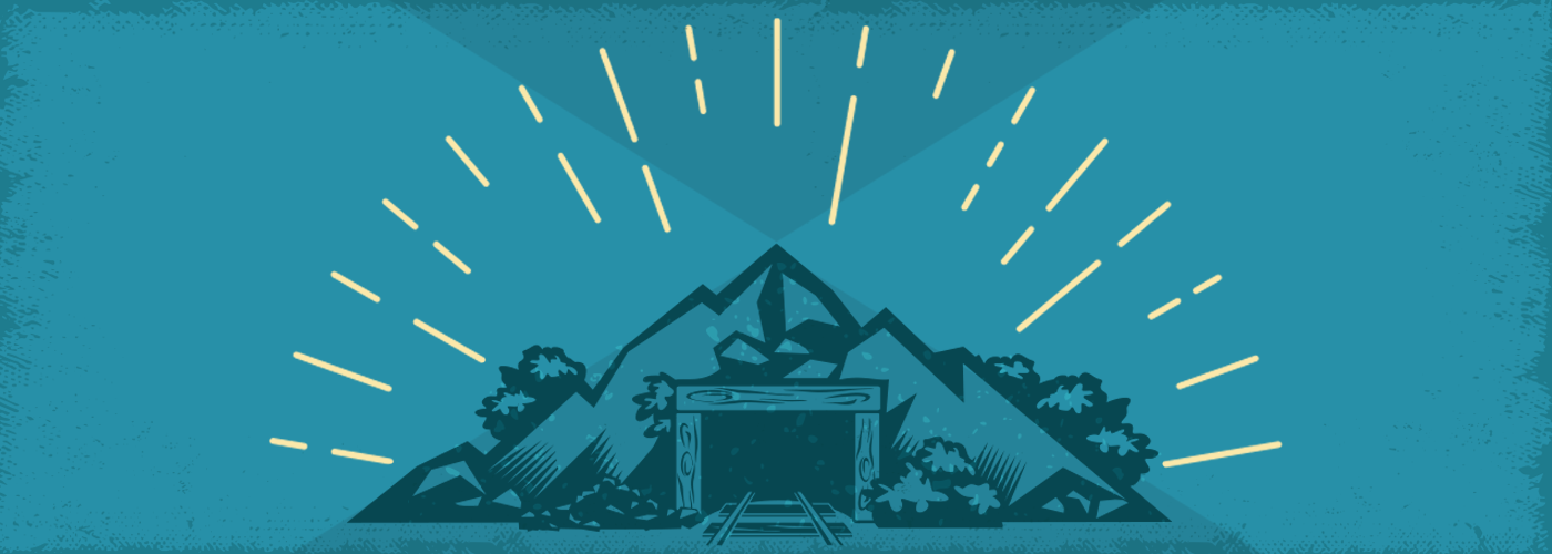 A mine shaft set in the side of a mountain on a blue background to represent crypto casino mining