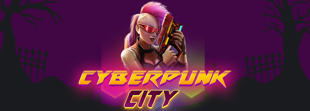 Cafe Casino’s Cyberpunk City logo featuring the slots character with a pink Mohawk holding a weapon, set on purple background with the outline of a graveyard.