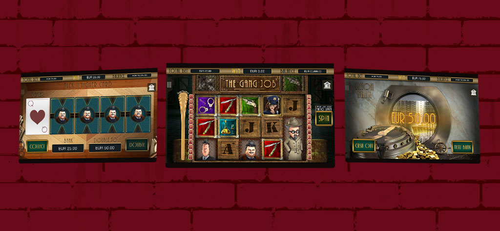 Set in front of a red brick background is the Cafe Casino Mob Heist slot, showing 3 different game features including Double Up feature, normal slots play, and the Bank Job Bonus