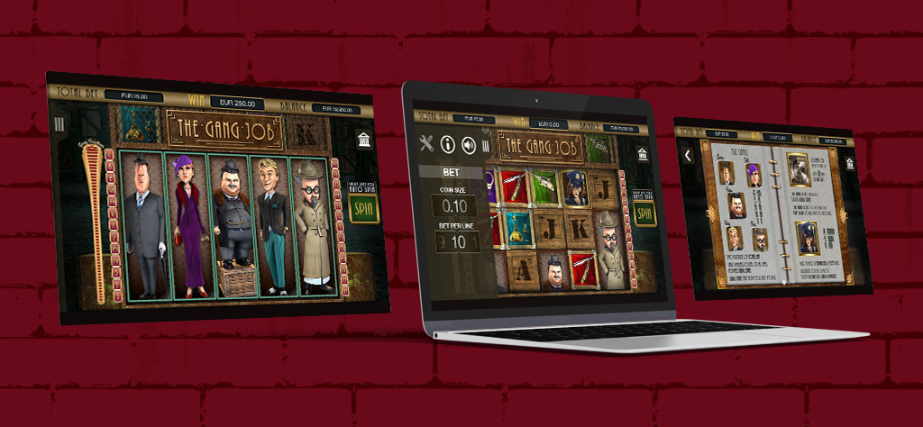 The Mob Heist slot displayed on a laptop showing how to play the game by placing a bet and selecting your amount; other images from the game are on either side