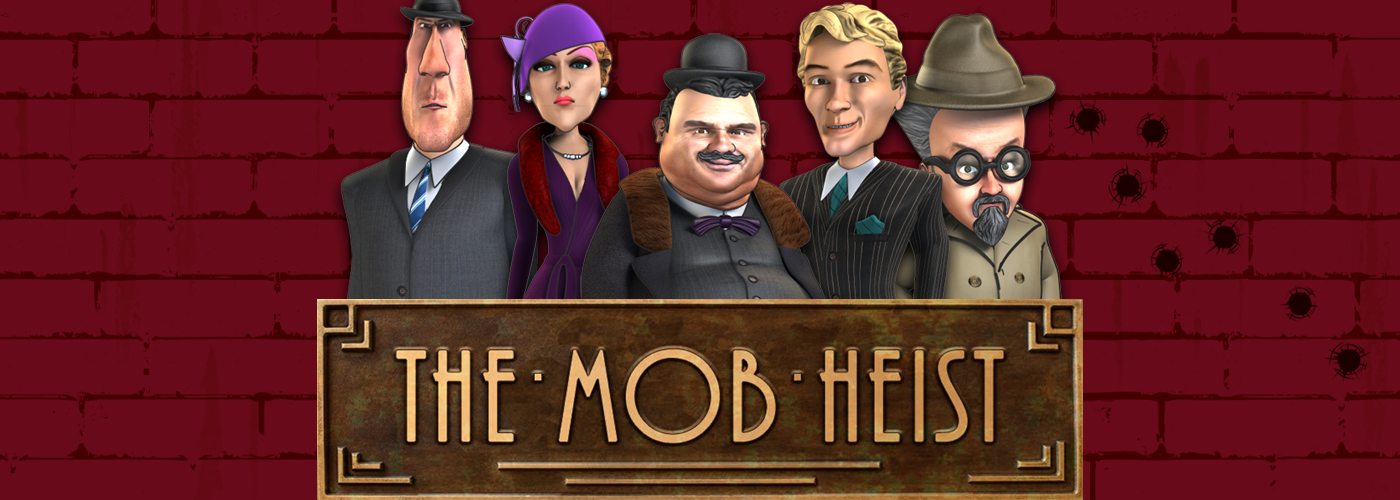 Five cartoon characters stand behind the Mob Heist slots logo from Cafe Casino: there’s the goon, the girl, the boss, the boy, and the doc, all in 1930s apparel, in front of a red brick wall