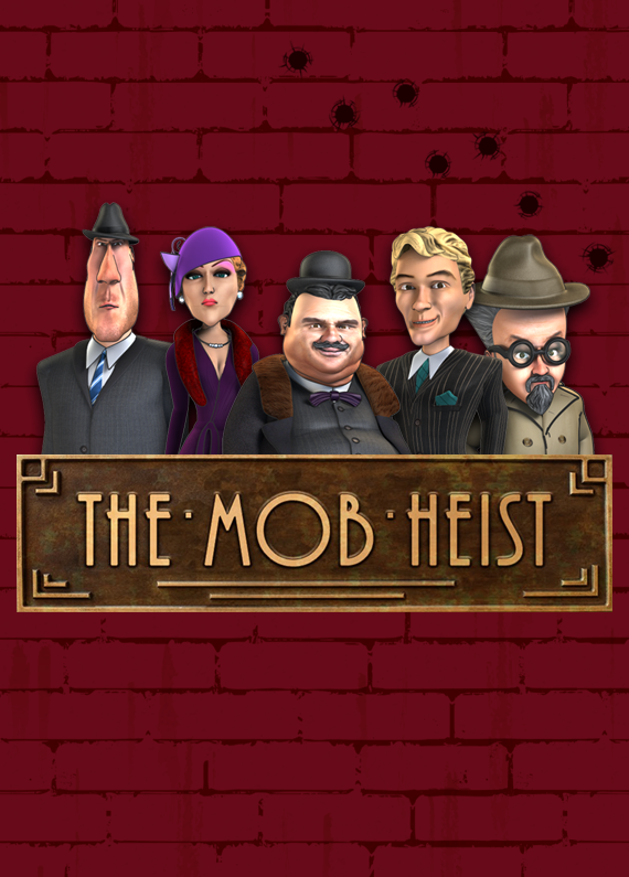 Five cartoon characters from Mob Heist stand in front of a bullet-riddled red brick wall
