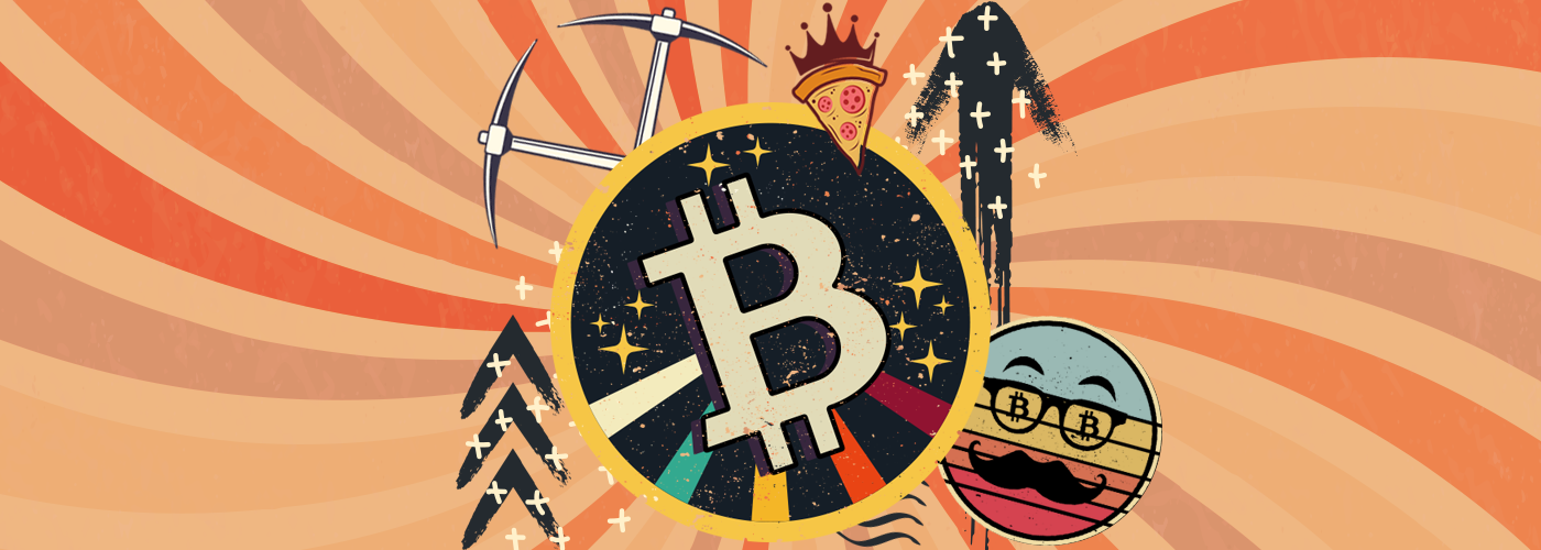 A Bitcoin symbol surrounded by two arrows pointing up, a smiling face wearing a disguise of glasses and mustache, a pizza slice and mining picks, which representing elements of cryptocurrency