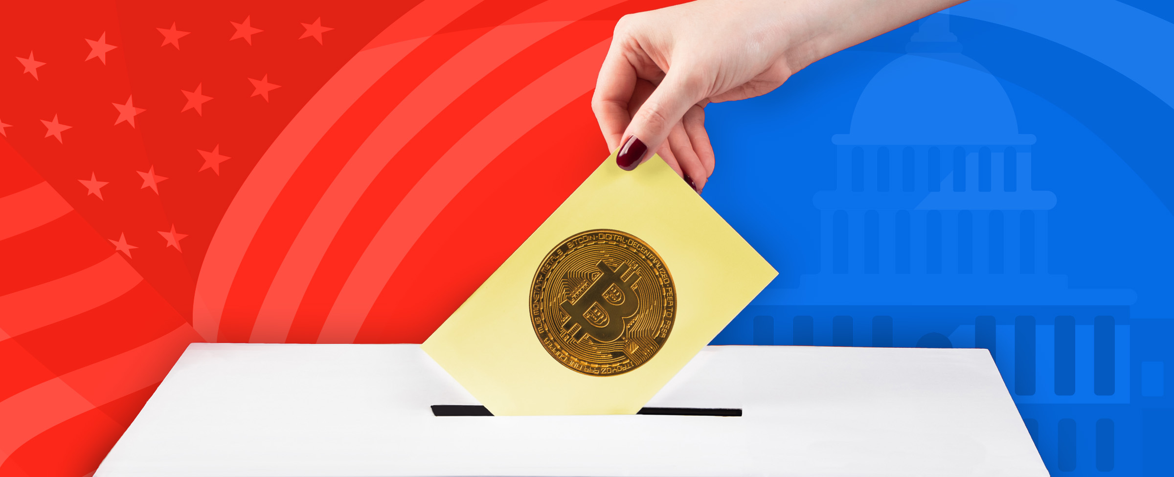 An illustration of a ballot box with a voter’s hand placing a piece of paper in the slot containing a Bitcoin stamp on it, while the background is on red on the left side showing a faded American flag, and blue on the right showing a faded Capitol Hill illustration
