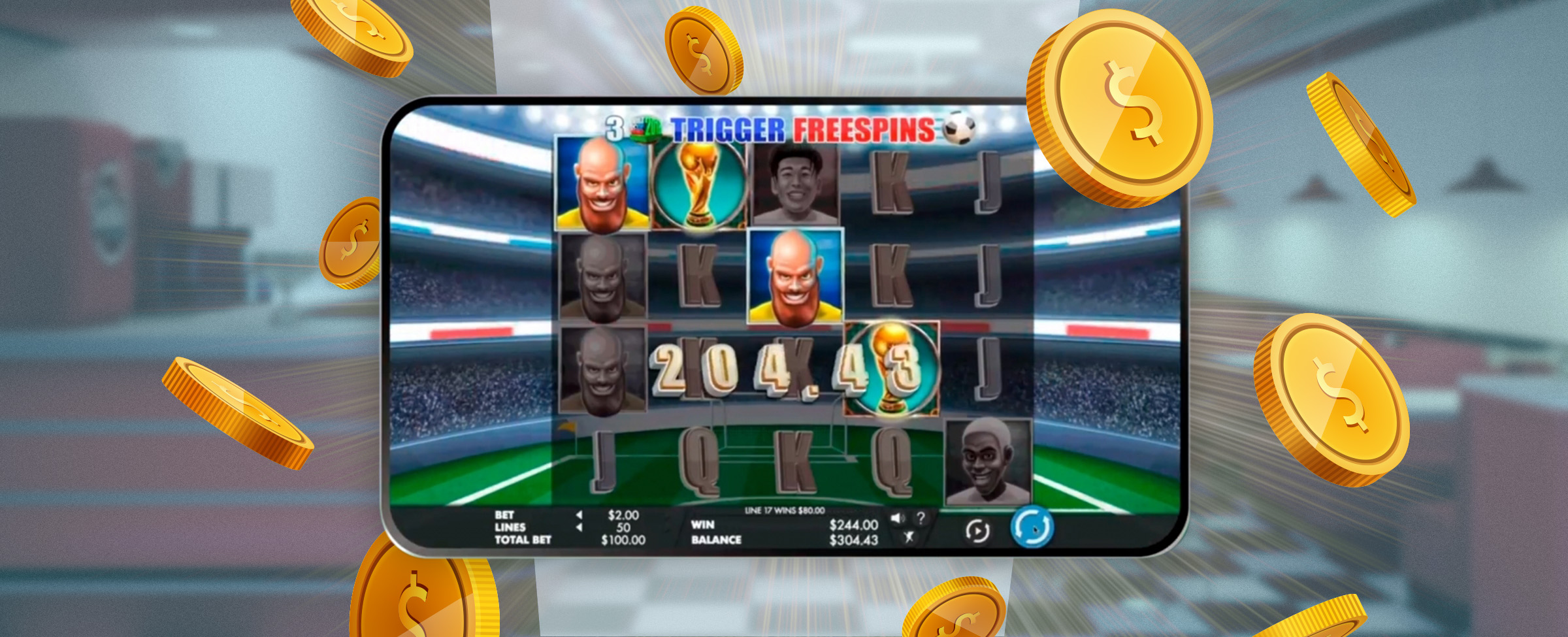 A mobile phone takes center screen, showing a screenshot of a Cafe Casino slot game called World Cup Football, set against a blurred-out 50s-style American diner, with gold coins floating around it.