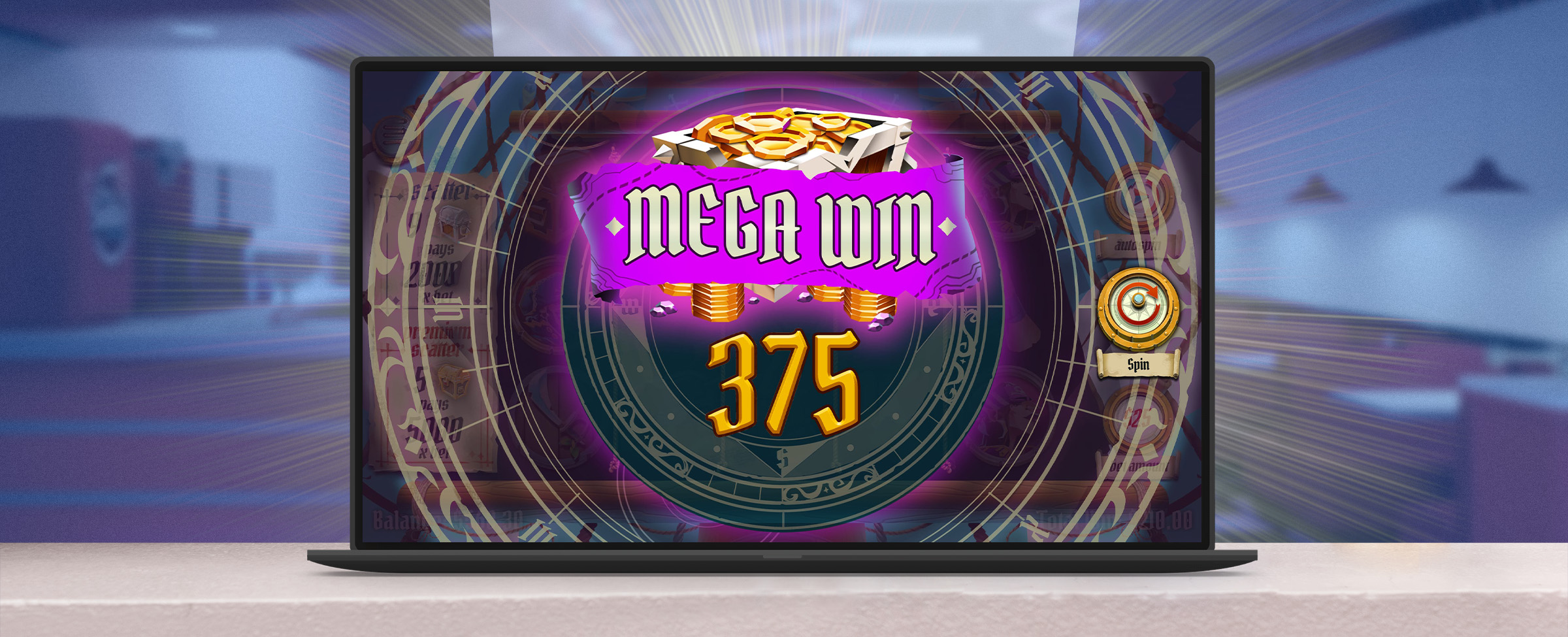 An open laptop sitting on a bench of an out-of-focus old diner, showing a screenshot from the Cafe Casino slot game Pirate’s Pick, with the words “mega win” and “375” beneath it.