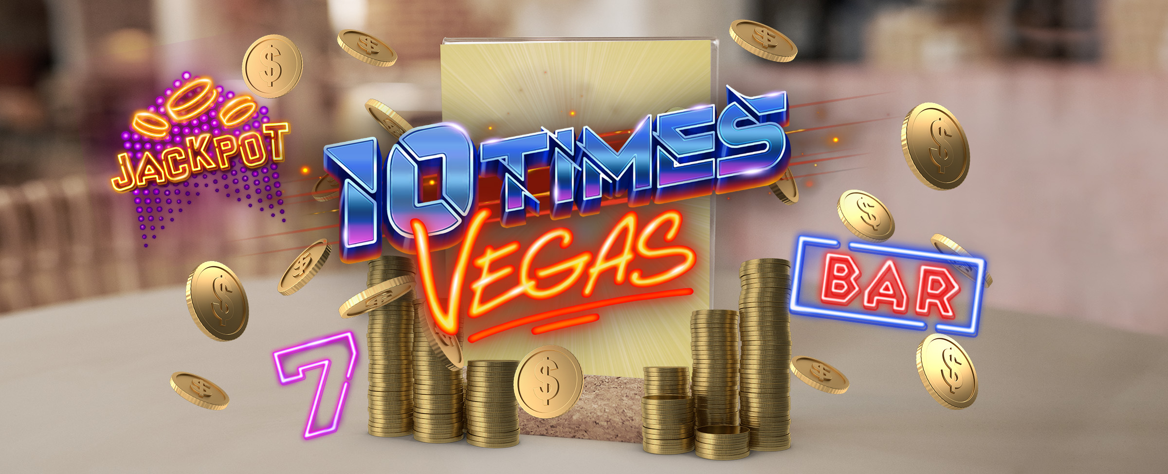 A slot game logo from Cafe Casino’s 10 Times Vegas appears in the middle of the image, with jackpot and game symbols hovering around it along with gold coins, with stacks of gold coins on a table in a diner.