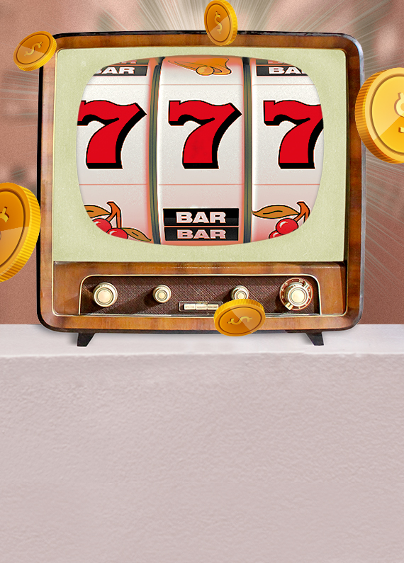 An old fashioned television set showing a classic slot game at Cafe Casino sits on top of an off-white bench surrounded by gold coins