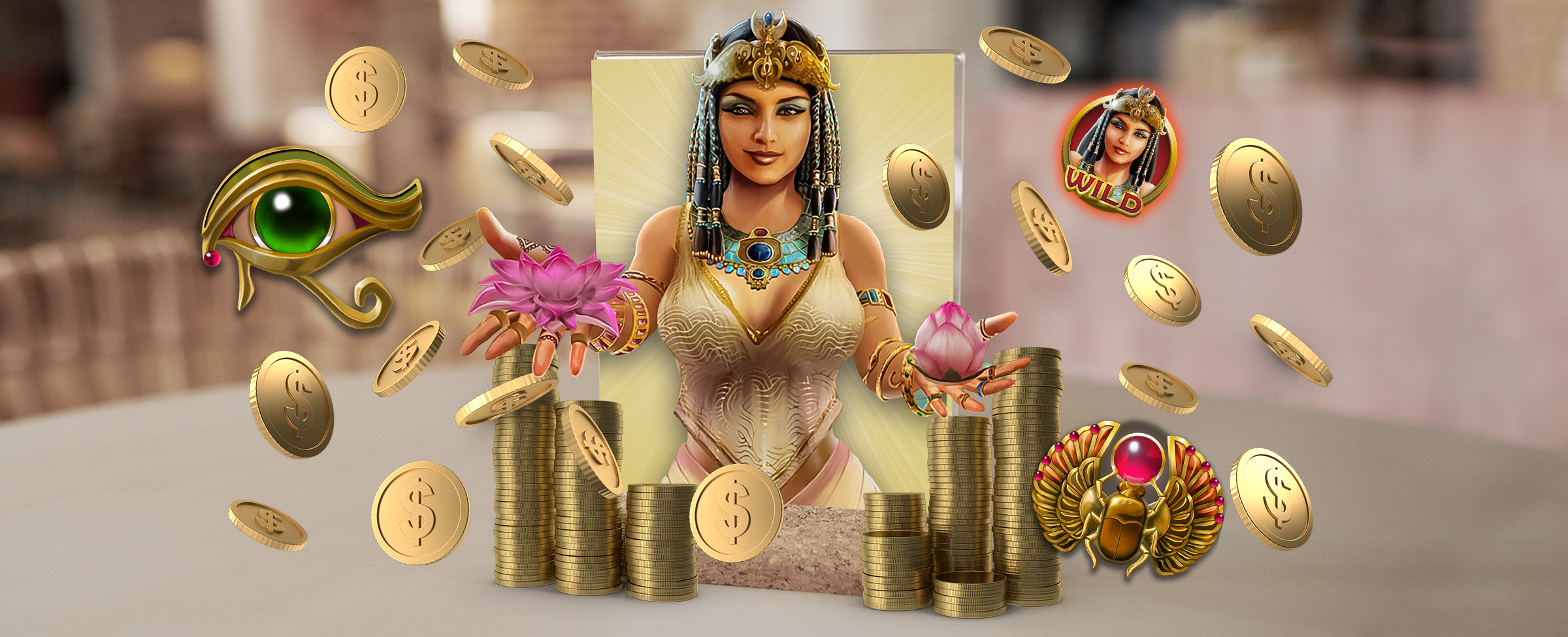 A cartoon character of Cleopatra from the Cafe Casino slot game A Night With Cleo, appears center screen, with gold coins and game symbols floating around her, amidst stacks of gold coins sitting on a diner table.
