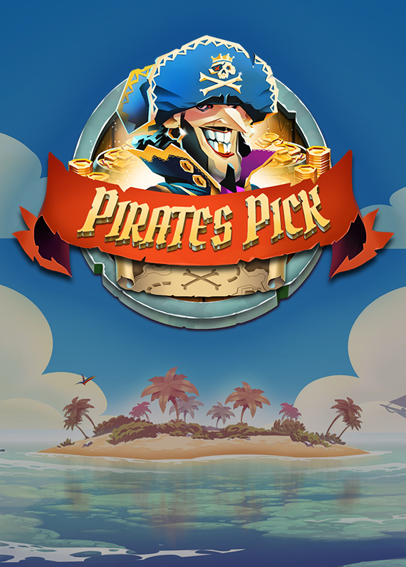 A faded background of an illustrated island and water, with the logo of a Cafe Casino slot game Pirate’s Pick, in which a pirate is bursting out of a circular stash of gold, with the words “Pirates Pick” written on a banner.