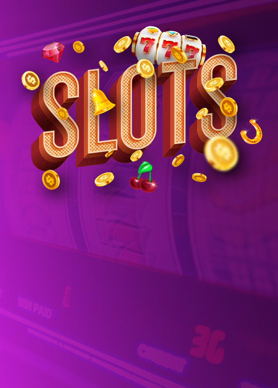 SLOTS written in Vegas-style signage, with slots symbols like coins, horseshoes and more lining the word