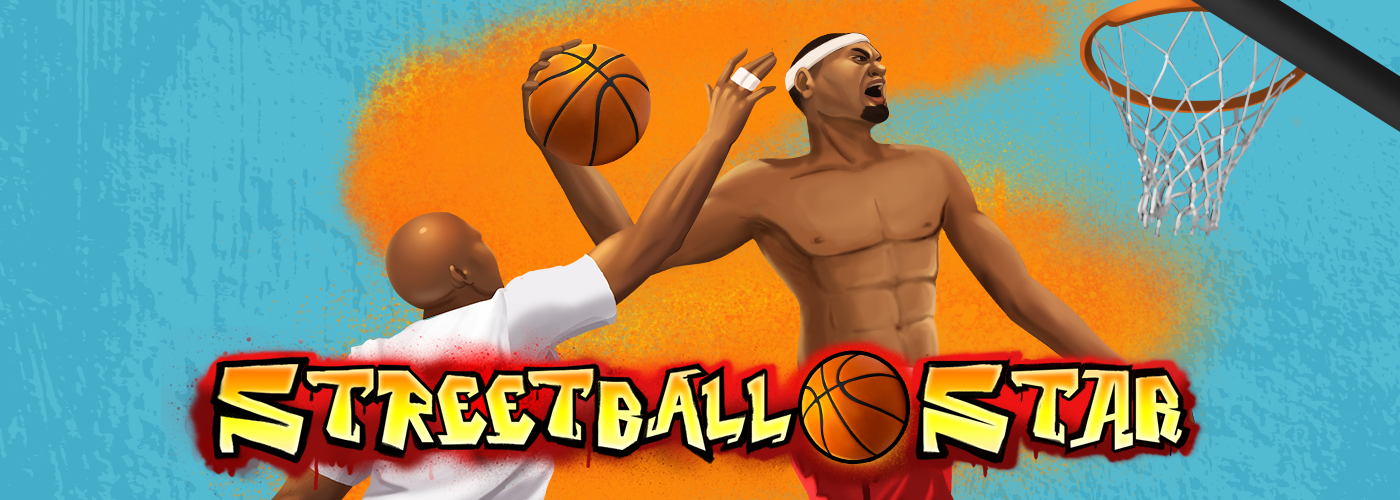 A character from the Cafe Casino online slot Streetball Star dunking a basketball in a hoop, as another player tries to block them; set in front of a blue background with orange sprayed graffiti