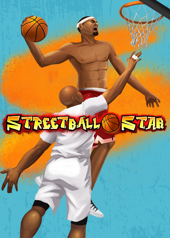 Two characters from the Cafe Casino online slot Streetball Star playing basketball; set in front of a blue background with orange sprayed graffiti